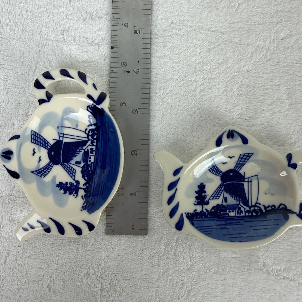 Delft Blue Handpainted Ceramic Teapot Tea Bag‎ Rests Windmill Set of 2